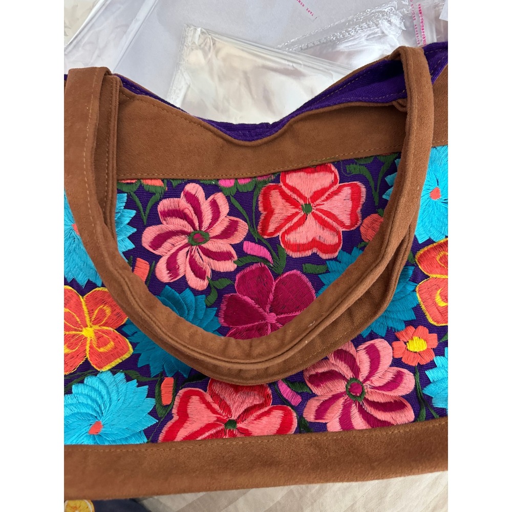 Floral Embroidered Canvas Tote Bag Purple Brown Faux Suede Boho Shoulder Bag